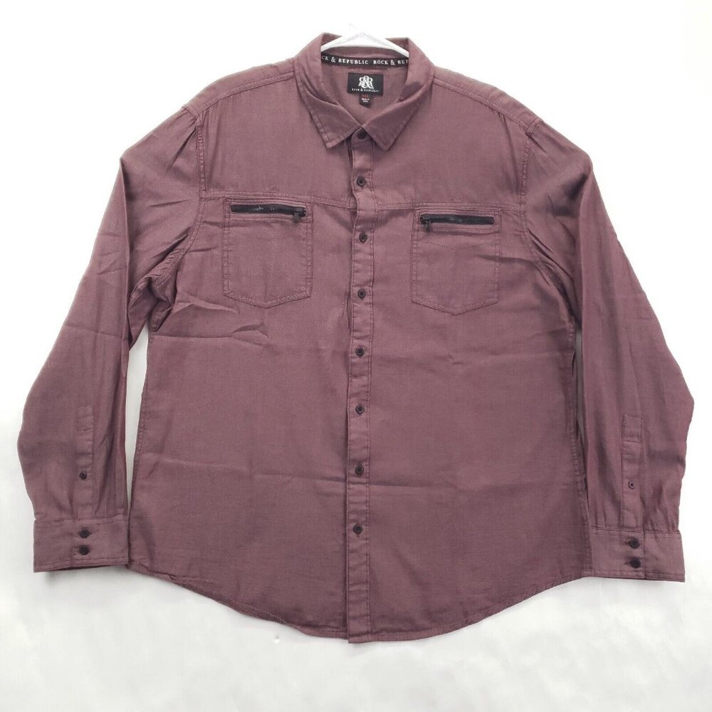Rock & Republic Shirt Men 2XL Burgundy Chambray Zip Pocket Long Sleeve Button-Up